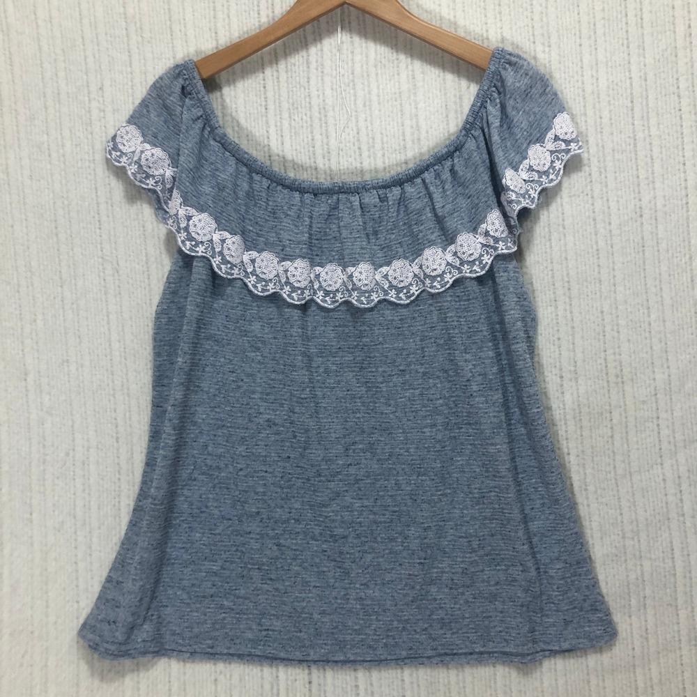 Tommy Hilfiger Off Shoulder Top Lace Trim Ruffle Blouse Heather Blue Size XL‎